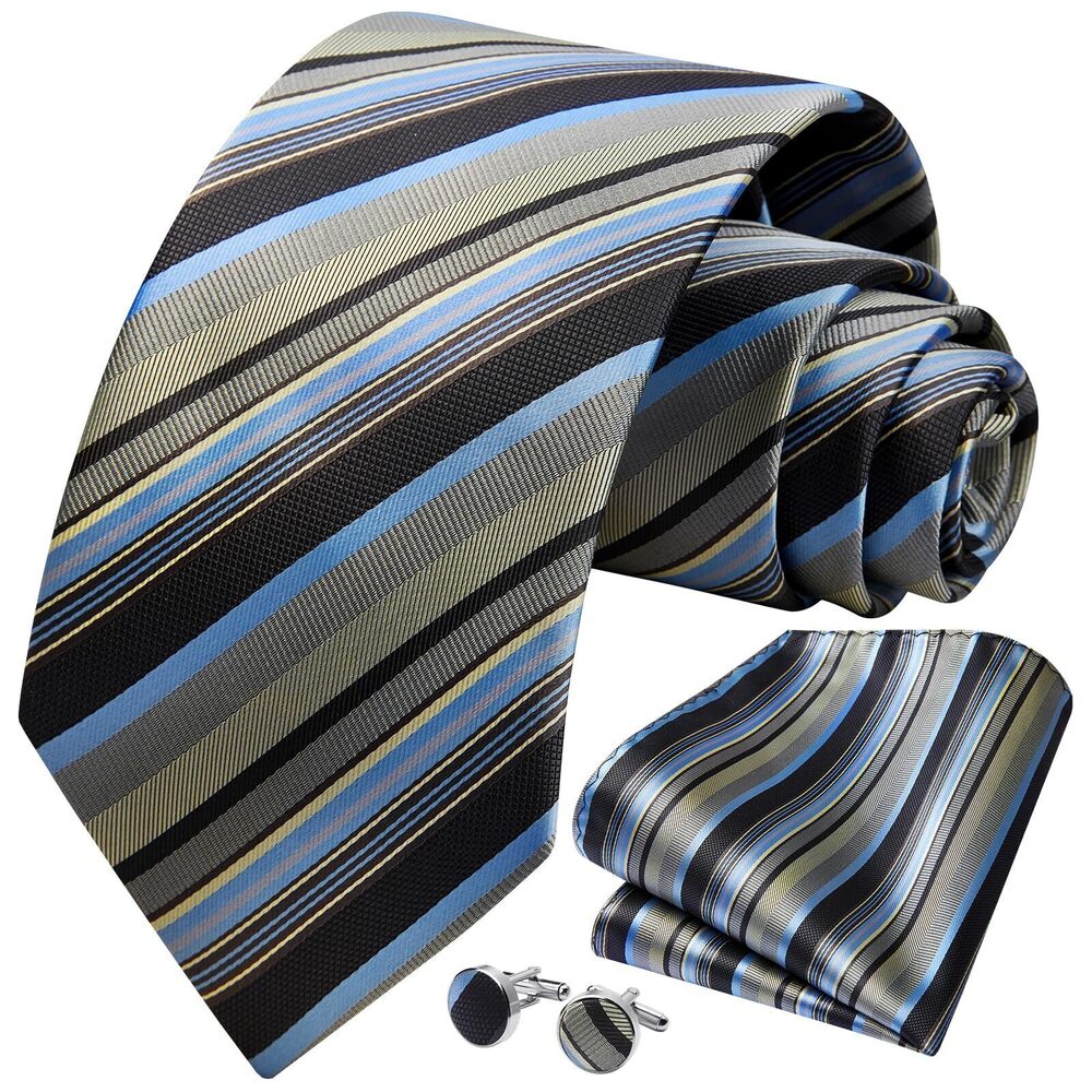 1662 Ties Set Grey Stripe Silk Ties and Pocket Square Cufflinks Set Blue